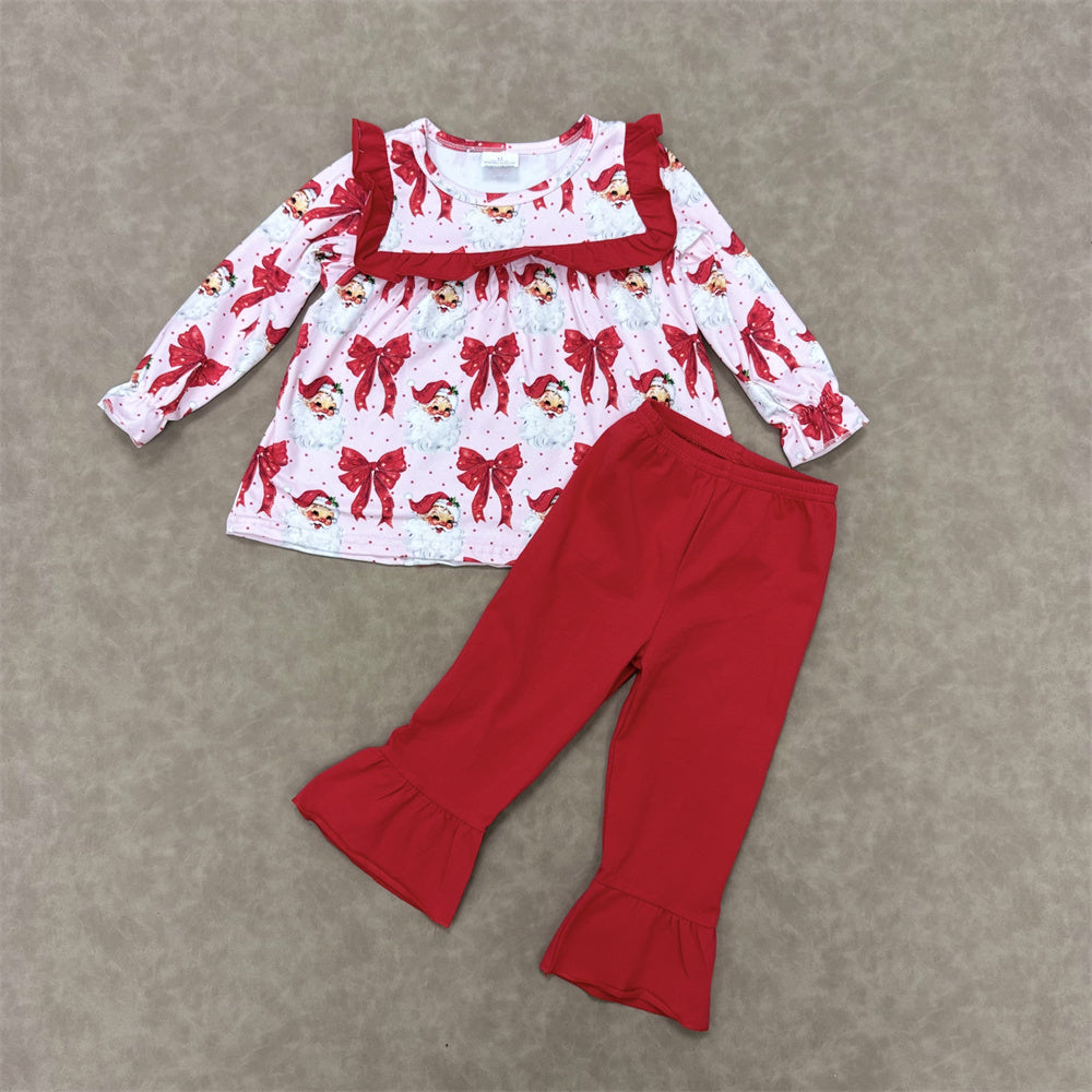 Sibling Girls Christmas Long Sleeve Red Bow Print Santa Clothes