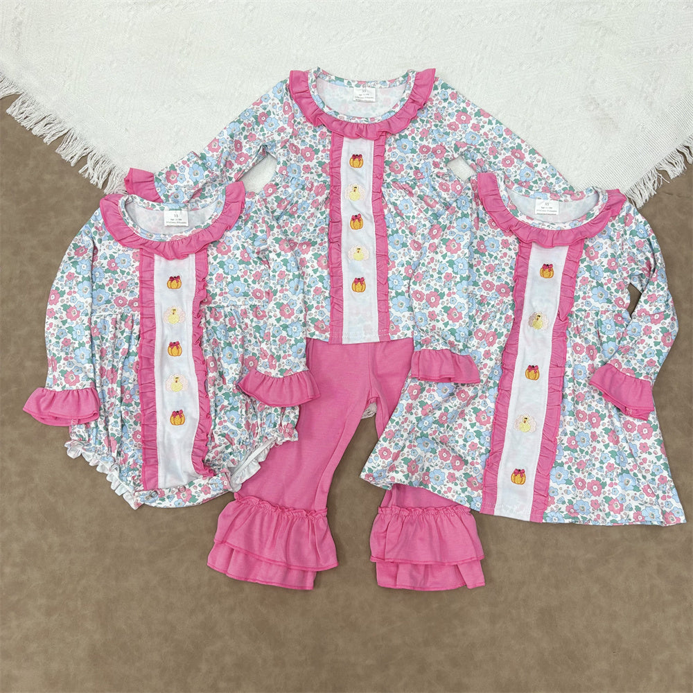 Sibling Embroidery Baby Girls Floral Turkey Pumpkins Rompers Dresses Sets