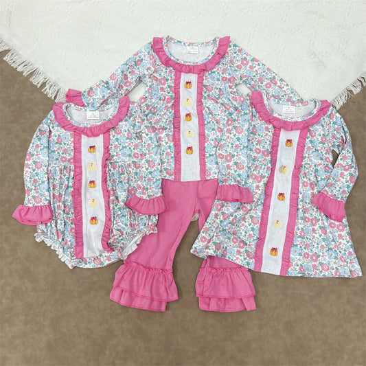 Sibling Embroidery Baby Girls Floral Turkey Pumpkins Rompers Dresses Sets