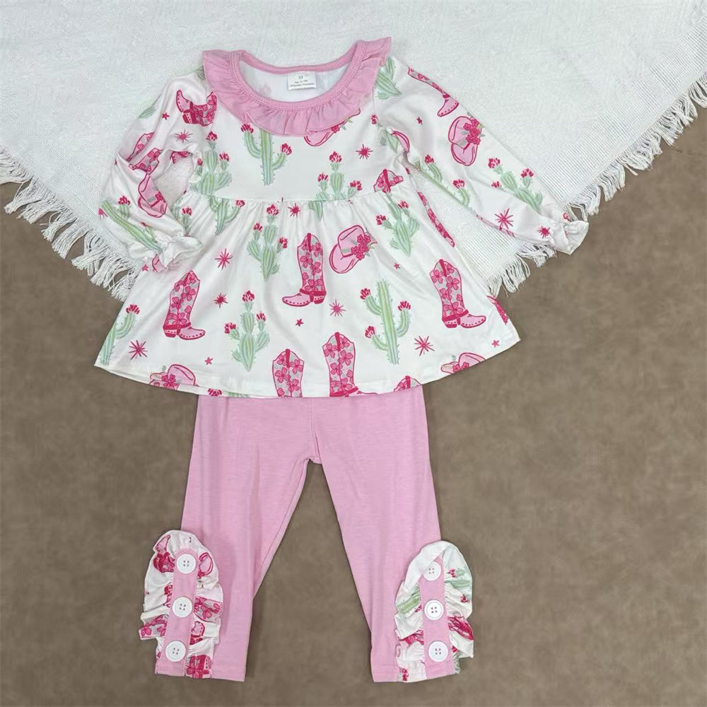 Kids Girls Western Cactus Tunic Top With Pants Outfit