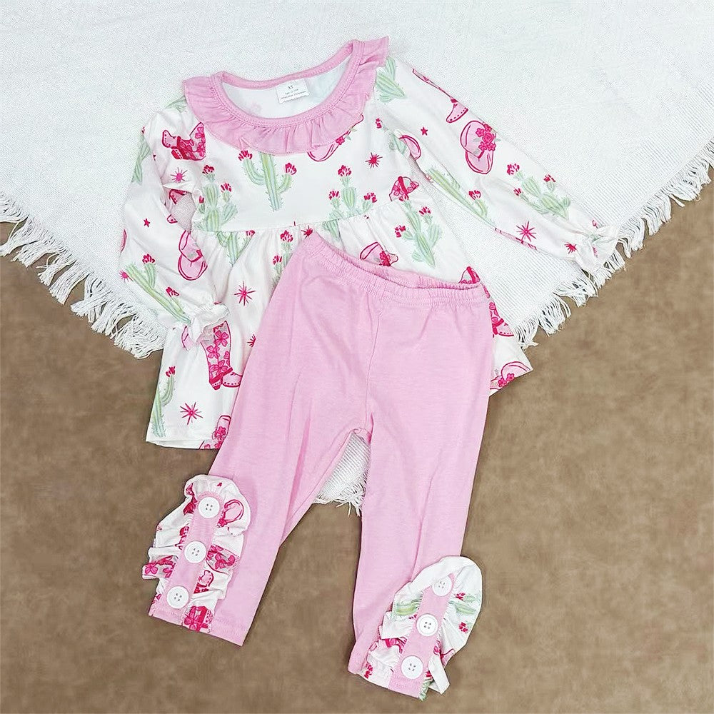 Kids Girls Western Cactus Tunic Top With Pants Outfit