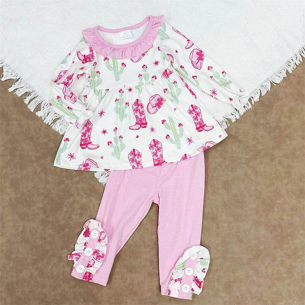 Kids Girls Western Cactus Tunic Top With Pants Outfit