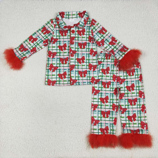 Baby Girls Christmas Fur Sleeve Bows Buttons Top Pants Pajamas Sets