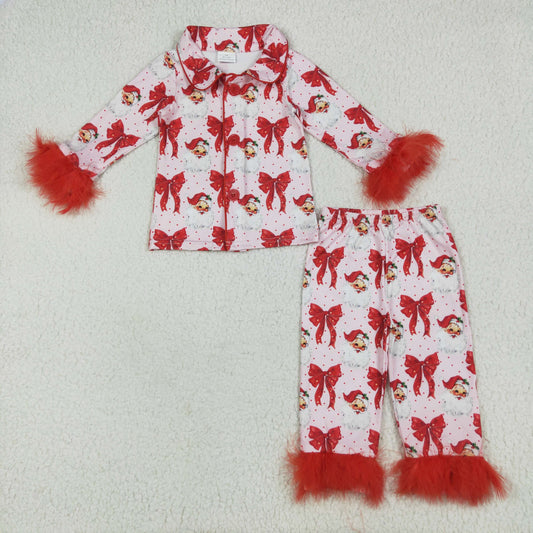 Baby Girls Red Christmas Fur Bows Santa Button Top Pants Pajamas Set