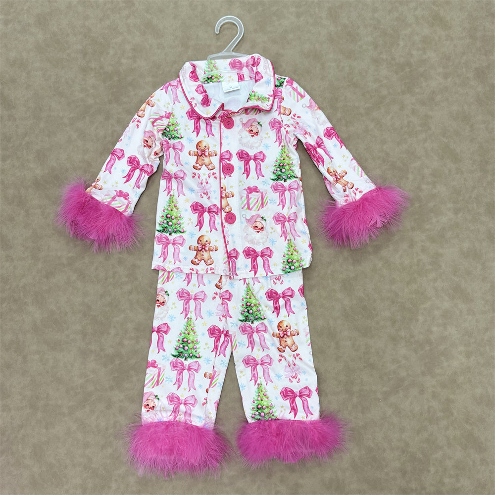 Baby Girls Christmas Long Sleeve Button Down Pajama Set With Fur