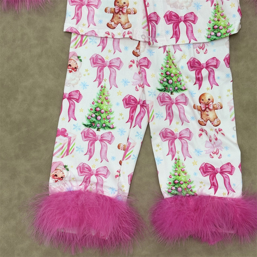 Baby Girls Christmas Long Sleeve Button Down Pajama Set With Fur