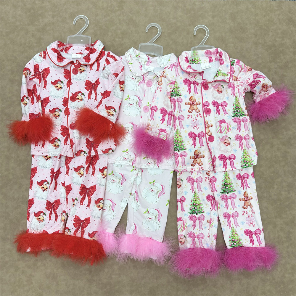 Baby Girls Christmas Long Sleeve Button Down Pajama Set With Fur