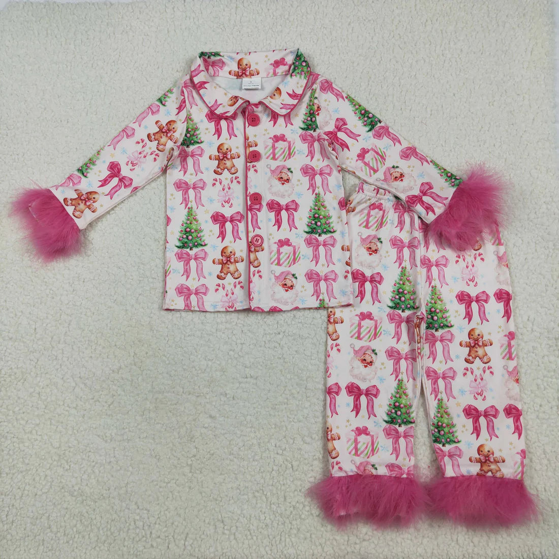 Mommy and Me Christmas Gingerbread Santa Pink Bow Buttons Up Pajama Set With Fur