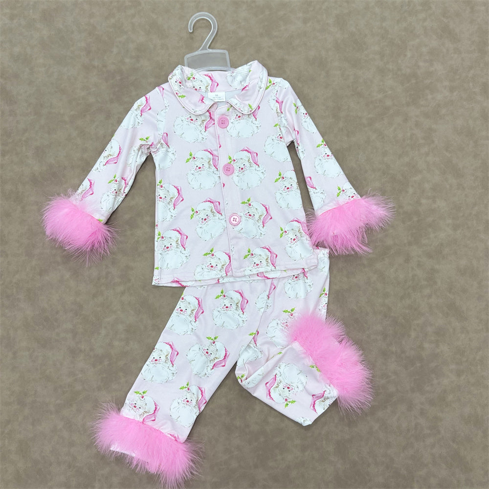 Baby Girls Christmas Long Sleeve Button Down Pajama Set With Fur