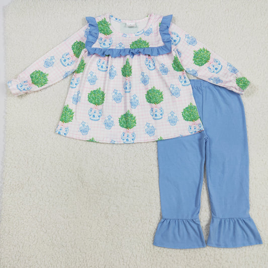 Kids Girls potted plant Tunic Top Blue Ruffle Pants Set