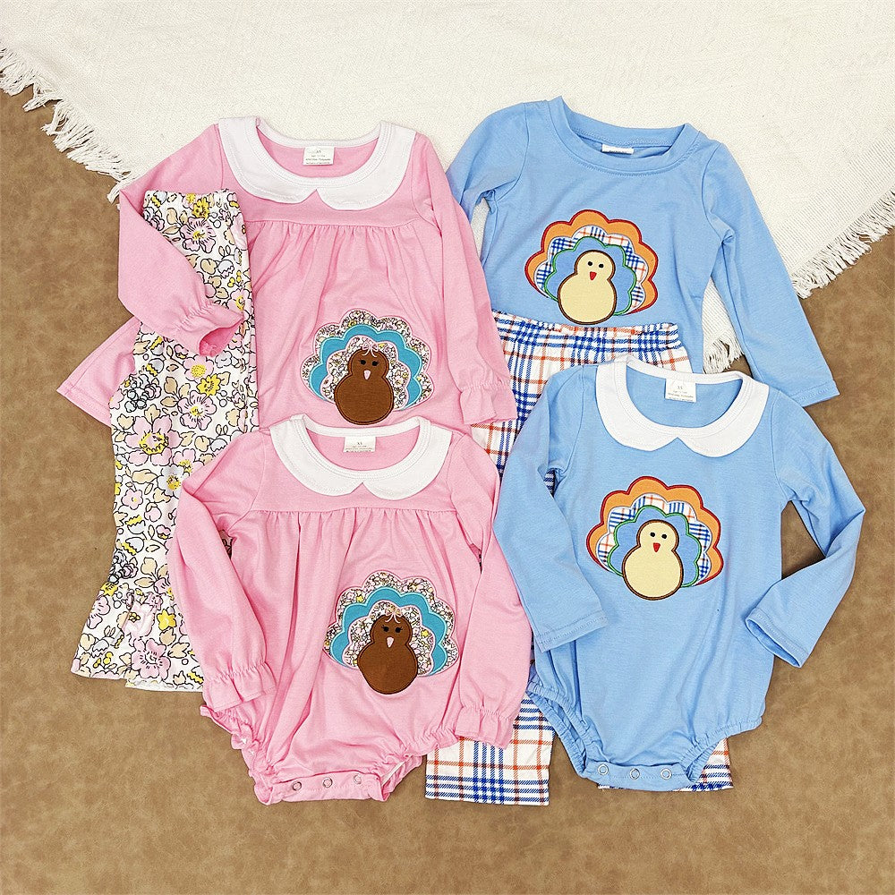 Sibling Girls Boys  Thanksgiving Embroidery Turkey Long Sleeve Set and Romper