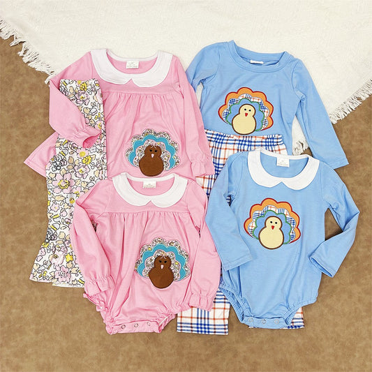 Sibling Girls Boys  Thanksgiving Embroidery Turkey Long Sleeve Set and Romper
