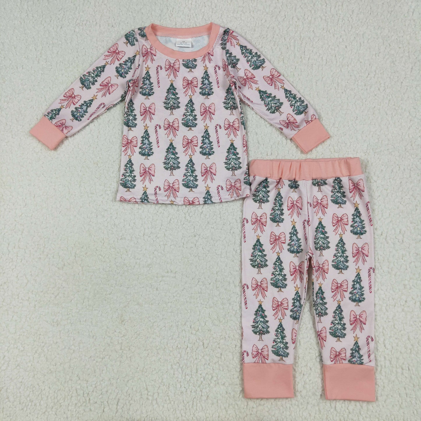 GLP2423 Kdis Girls Christmas Tree Pink Bow Candy Cane Long Sleeve Pajama Set