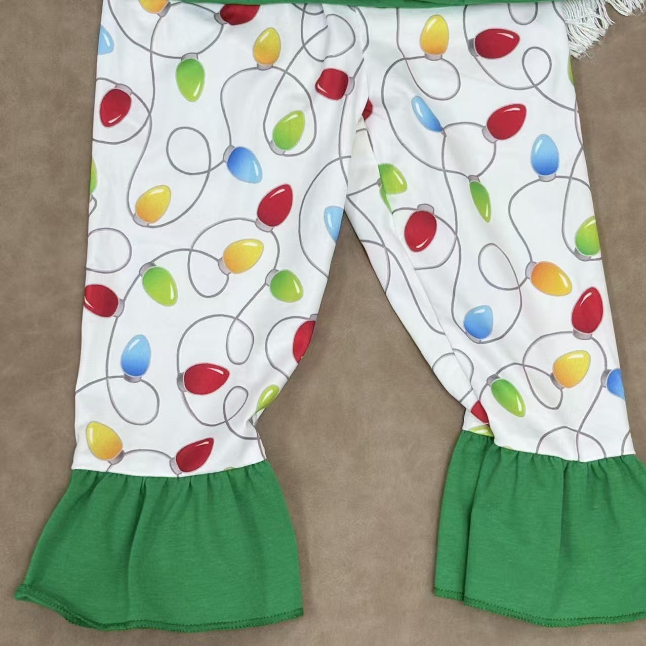 Embroidery Lights Baby Girls Green Bows Tunic Ruffle Pant Christmas Clothes Set