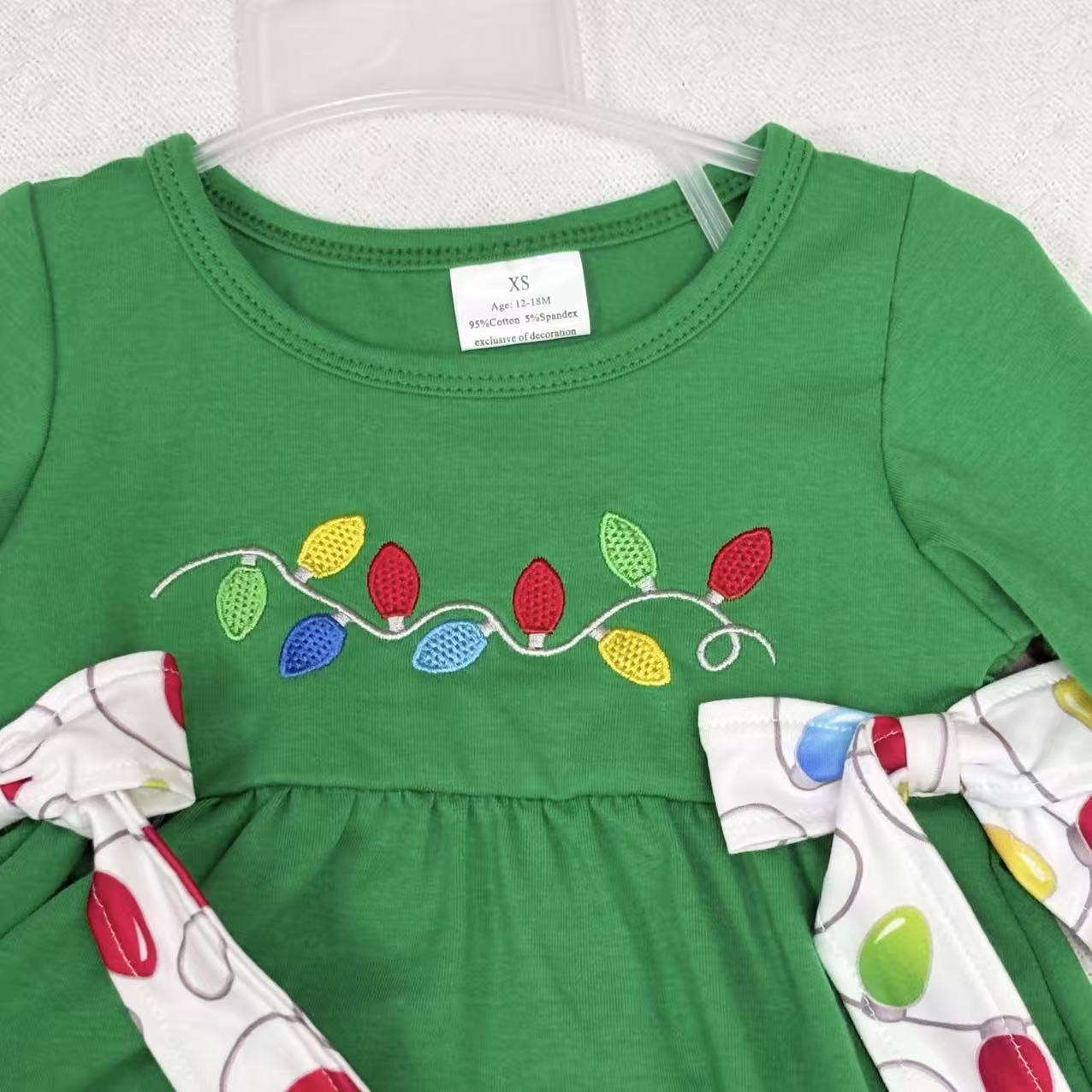 Embroidery Lights Baby Girls Green Bows Tunic Ruffle Pant Christmas Clothes Set