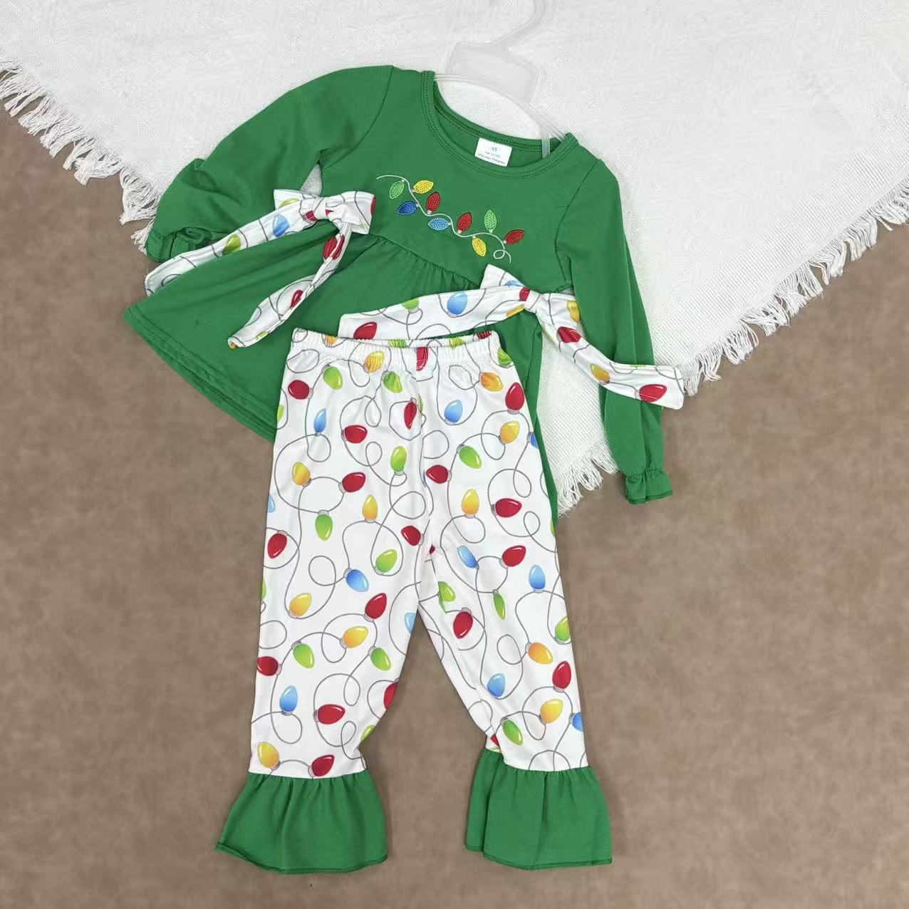 Embroidery Lights Baby Girls Green Bows Tunic Ruffle Pant Christmas Clothes Set
