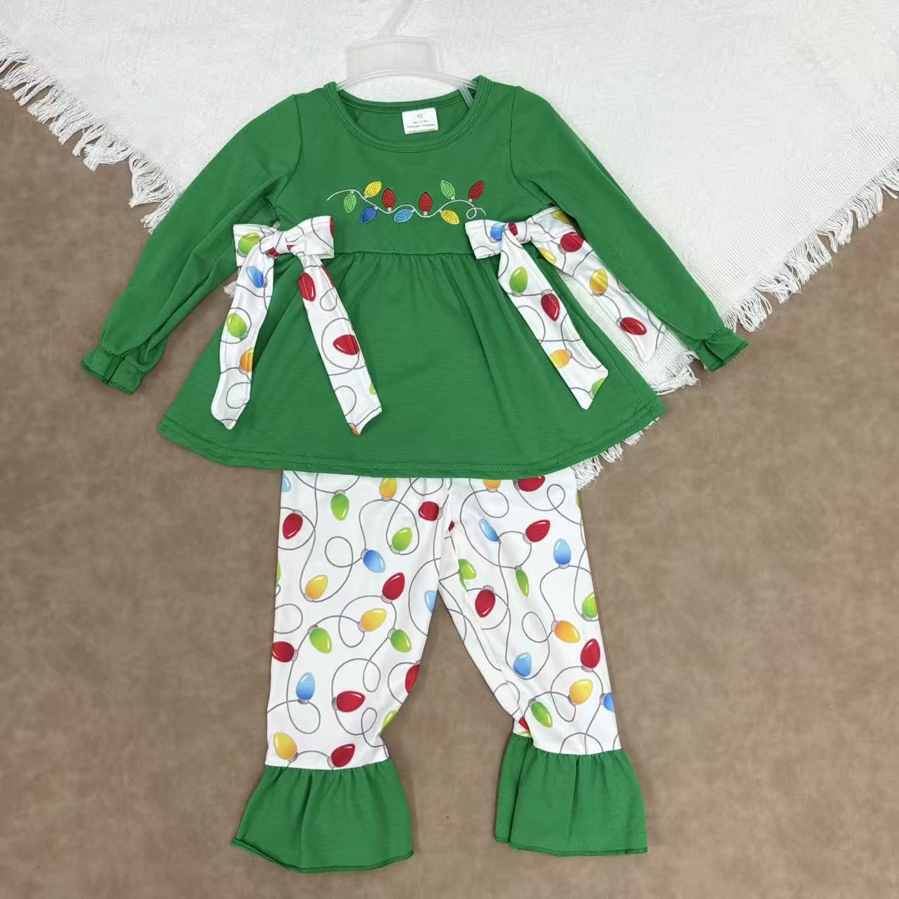 Embroidery Lights Baby Girls Green Bows Tunic Ruffle Pant Christmas Clothes Set