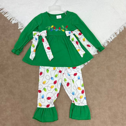 Embroidery Lights Baby Girls Green Bows Tunic Ruffle Pant Christmas Clothes Set