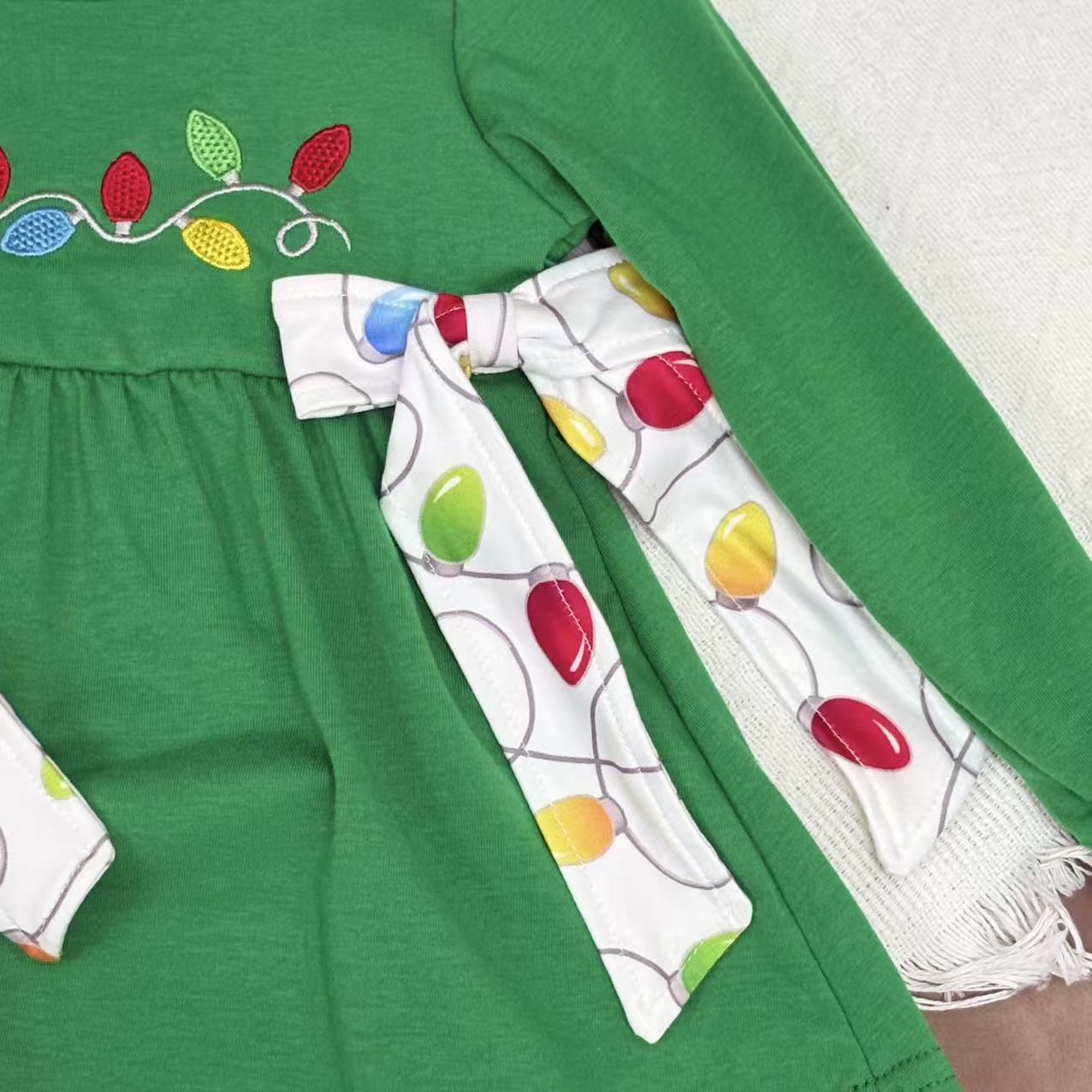 Embroidery Lights Baby Girls Green Bows Tunic Ruffle Pant Christmas Clothes Set