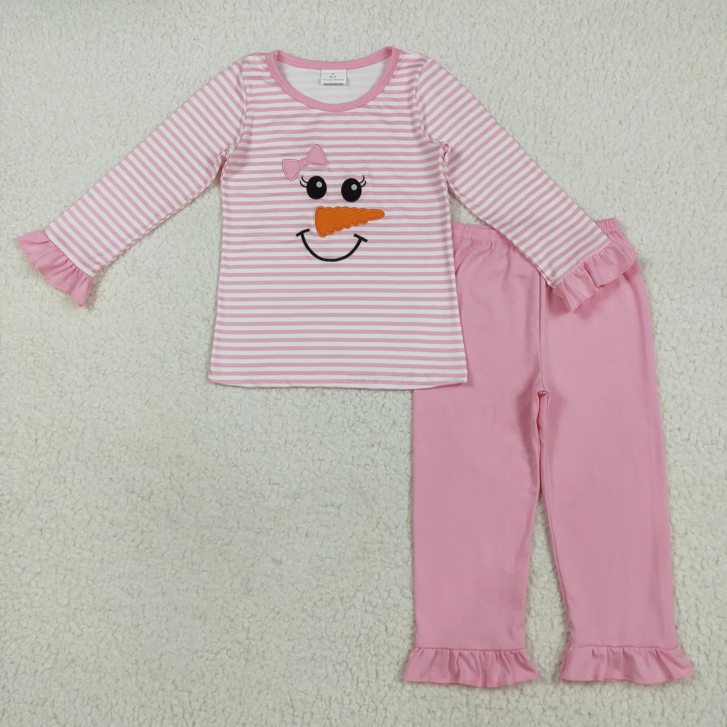 Sibling Winter Snowmen Applique Top With Striped Pants Outfit