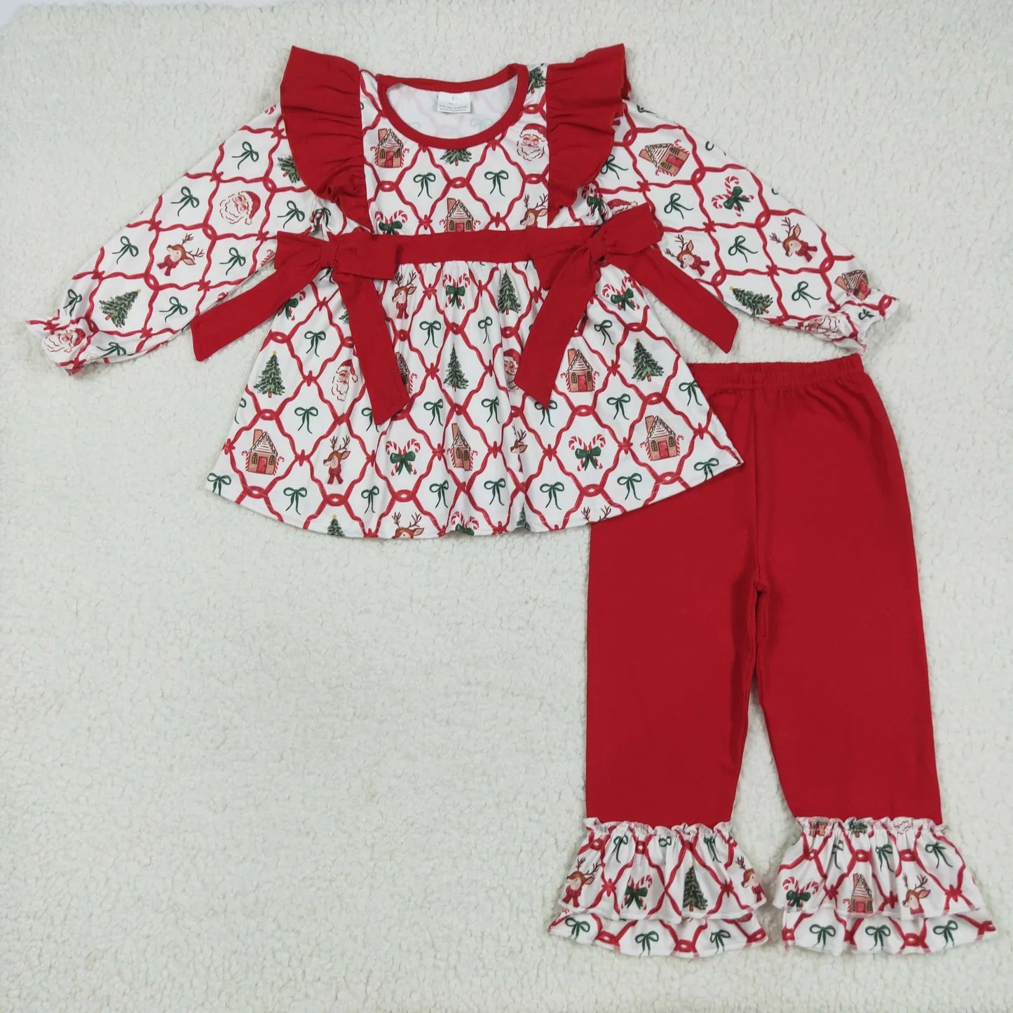 Family Sibling Baby Kids Christmas Red Bows Santa Trees Checked Clothes Sets Rompers Blanked