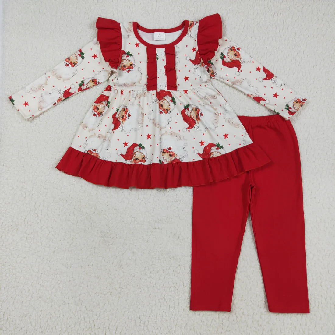 Sibling Baby Girls Long Ruffle Sleeves Santa Trees Bows Tunic Pants Christmas Clothes Sets