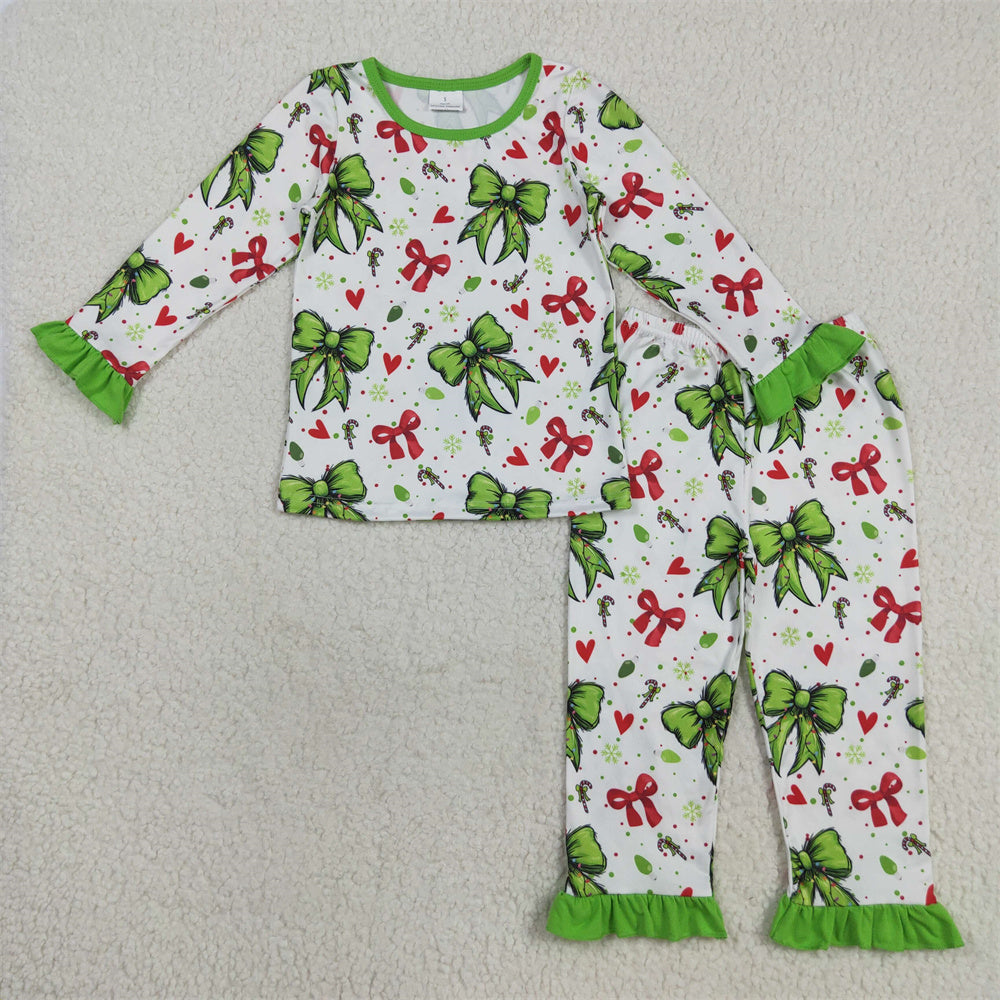 Sibling Baby Girls Christmas Tree Bow Long Sleeve Pajama Set