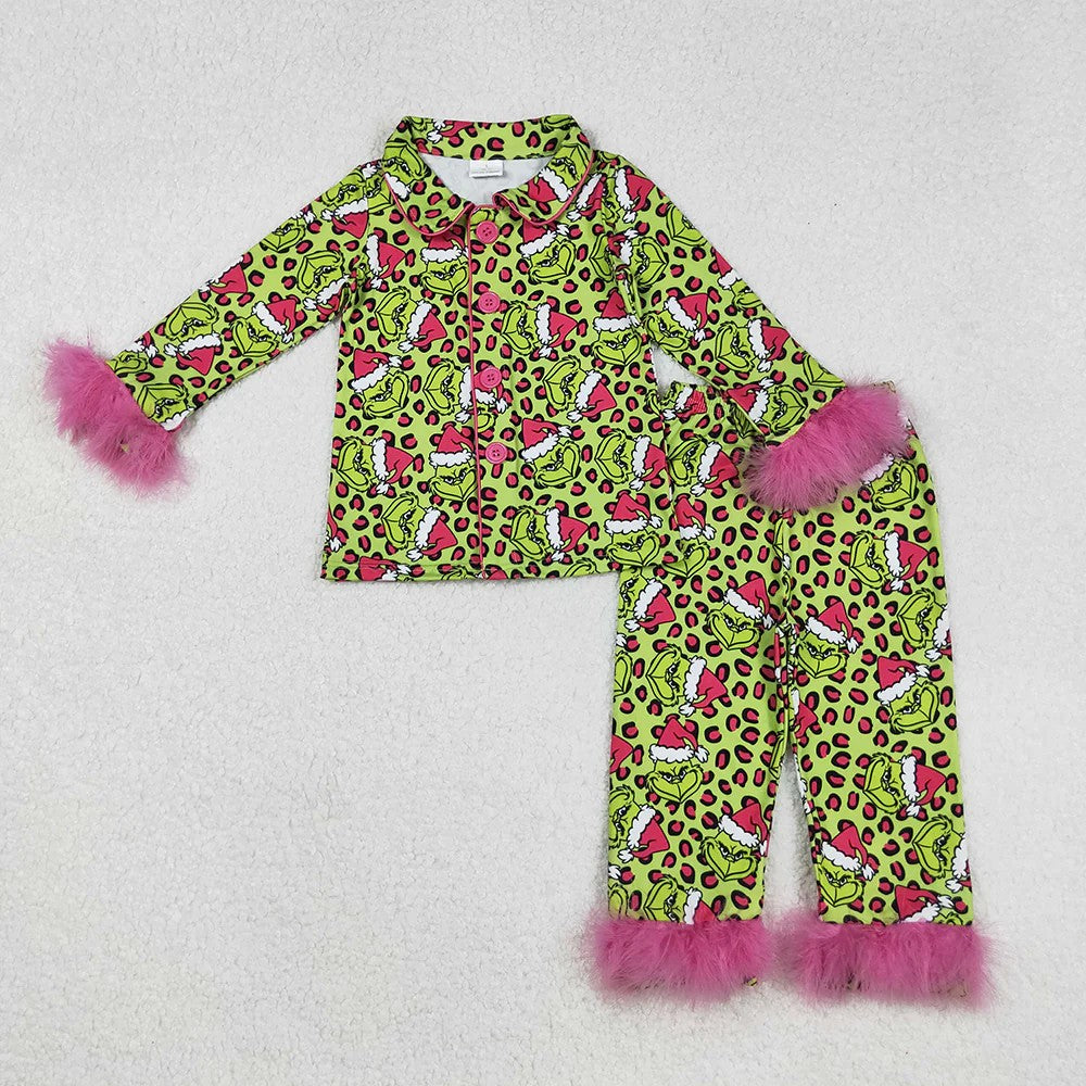 Baby Girls Sibling  Christmas Green Face Long Sleeve Pajama Set With Fur