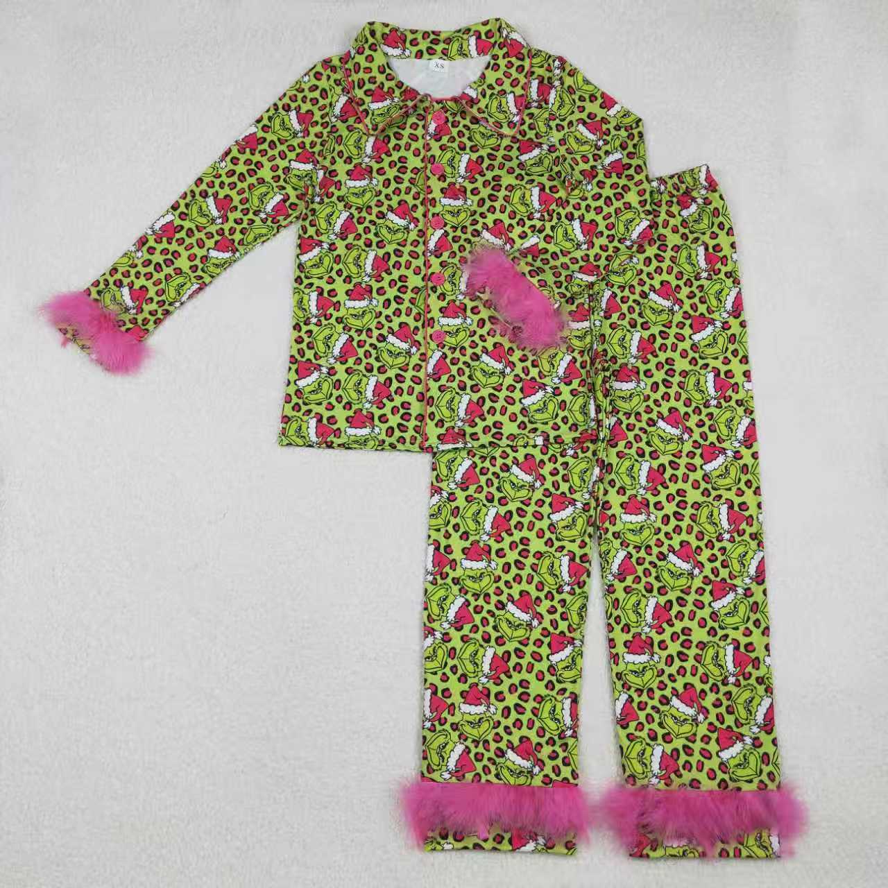 Mommy ane Me  Christmas Grinc Green Leoaprd Long Sleeve Buttons Down Pajama Set With Fur