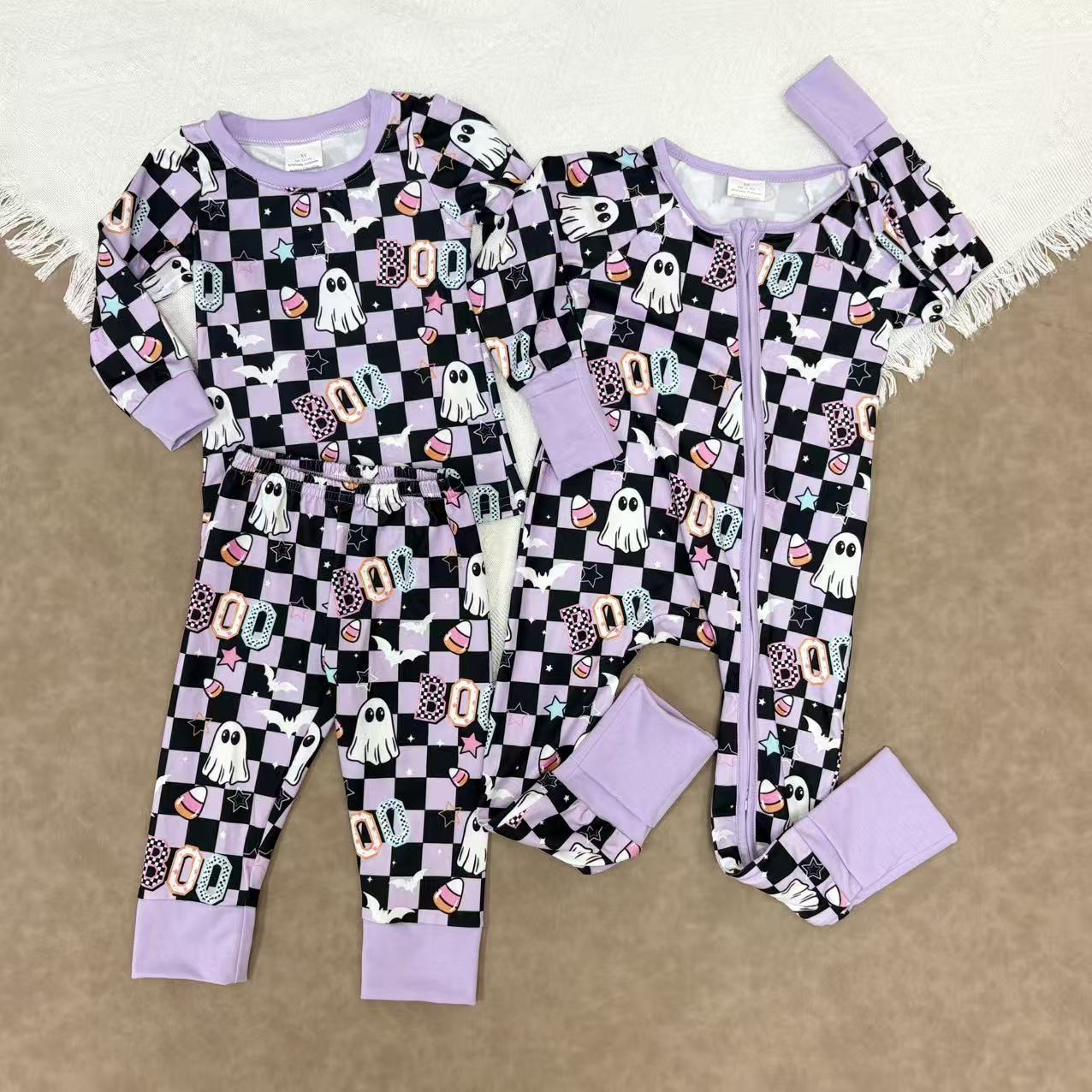 Sibling Baby Girls Halloween Ghost Boo Checked Pajama Set +Romper