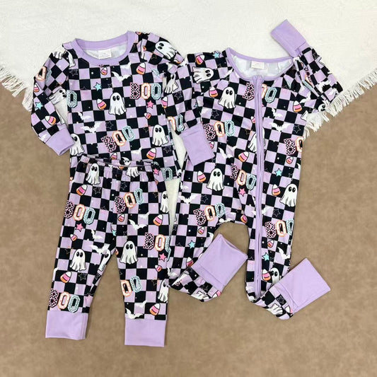 Sibling Baby Girls Halloween Ghost Boo Checked Pajama Set +Romper