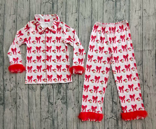 GLP2715 Adult Women Christmas Santa Bow Buttons Pajama Set With Fur Preorder