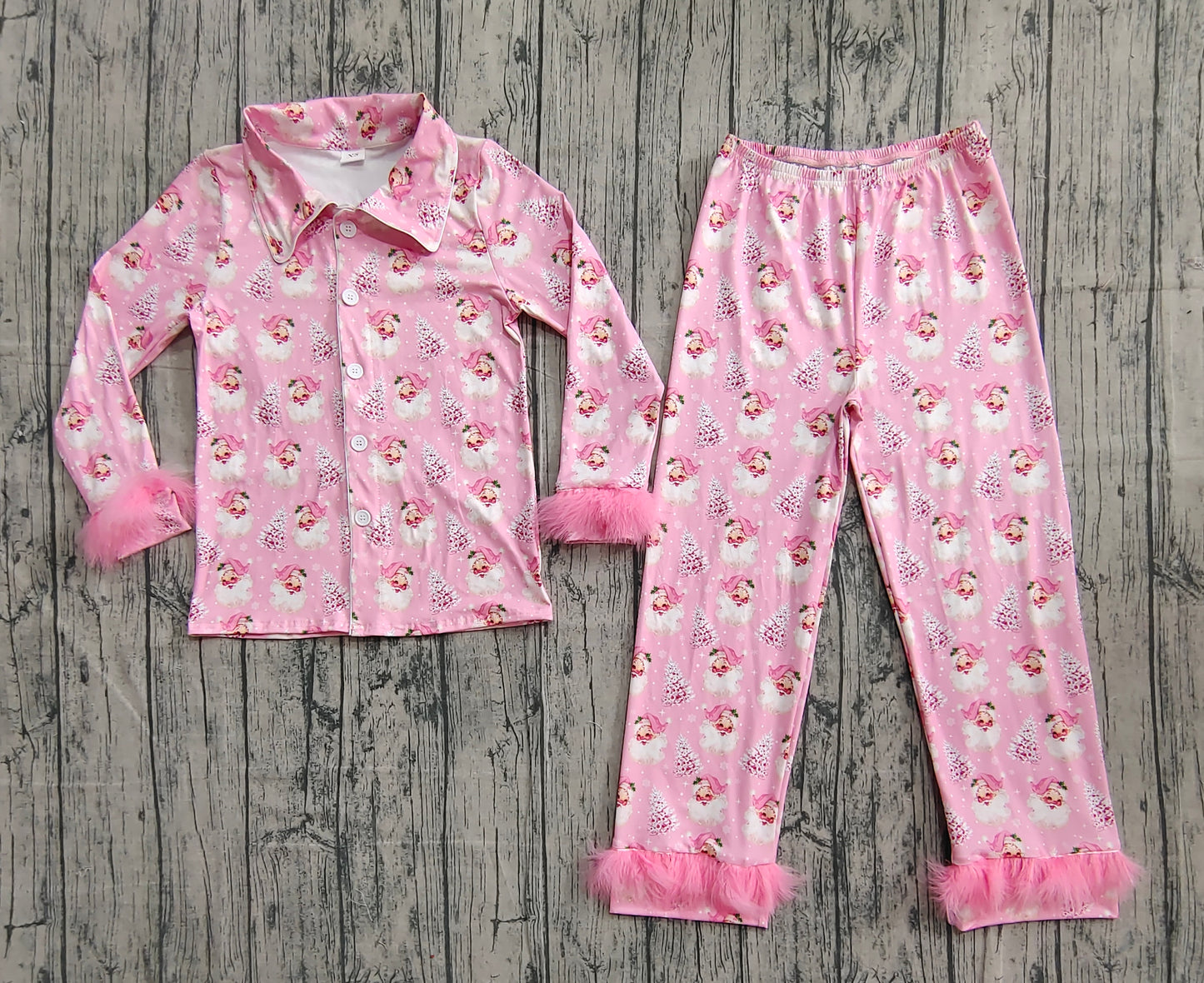 Adult Women Christmas  Santa Pink Buttons Pajama Set With Fur