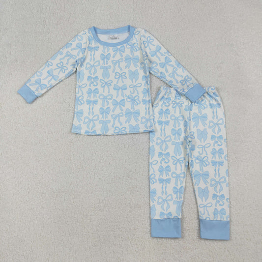 GLP2724 Kids Girls Blue Bow Long Sleeve Pajama Set
