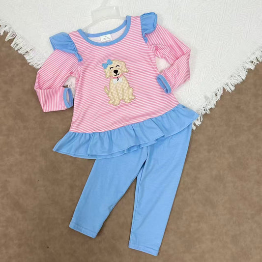 GLP2725 Kids Girls Dog Pink Top With Blue Leggings Set