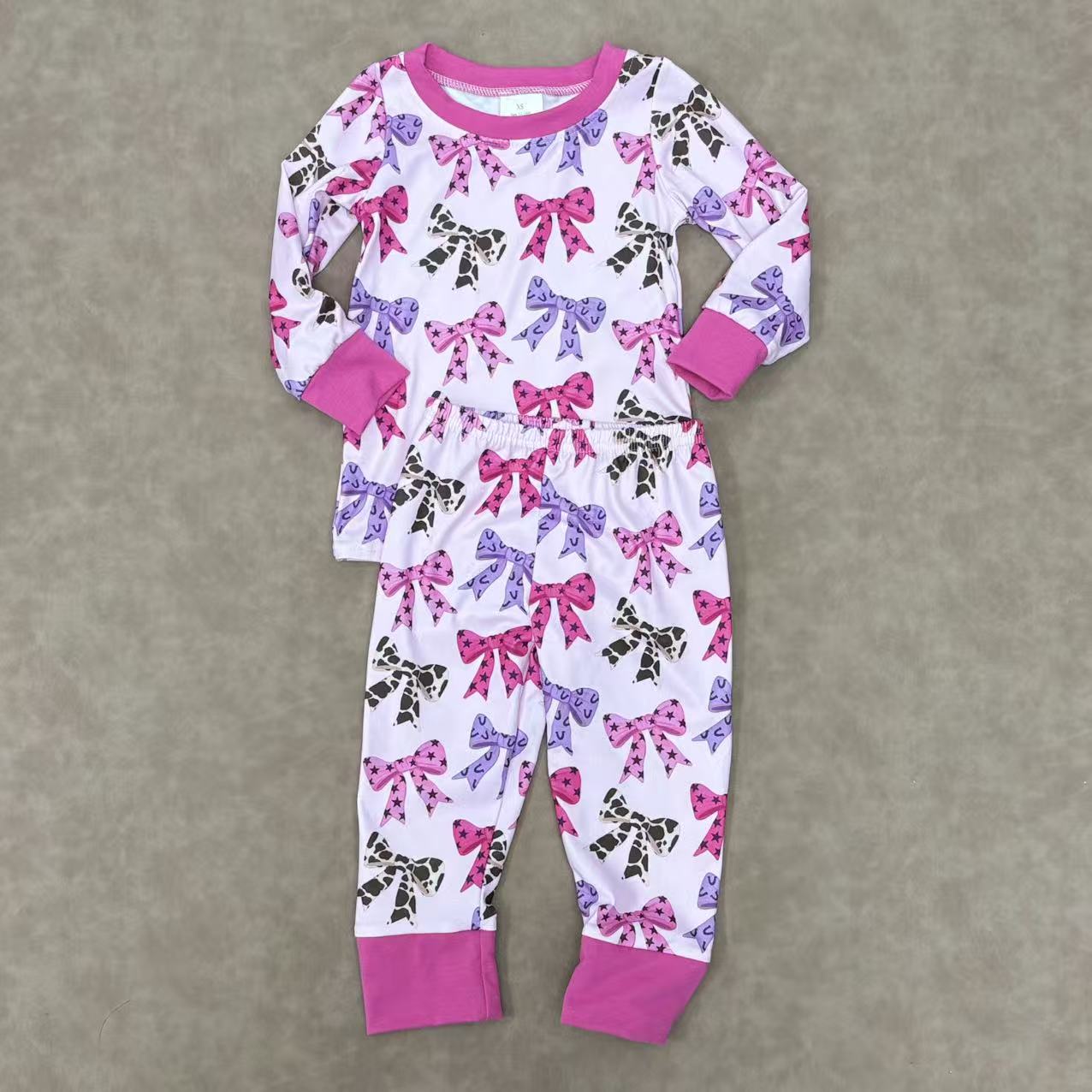 GLP2730 Kids Girls  Western Bow Long Sleeve Pajama Set