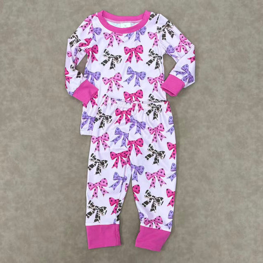 GLP2730 Kids Girls  Western Bow Long Sleeve Pajama Set