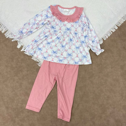 GLP2774 Baby Girls Blue Bow Rose Tunic Top With Pink Leggings Set