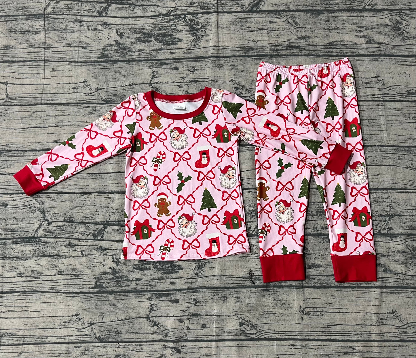Kids Girls  Christmas Santa Bow Long Sleeve Pajama Set