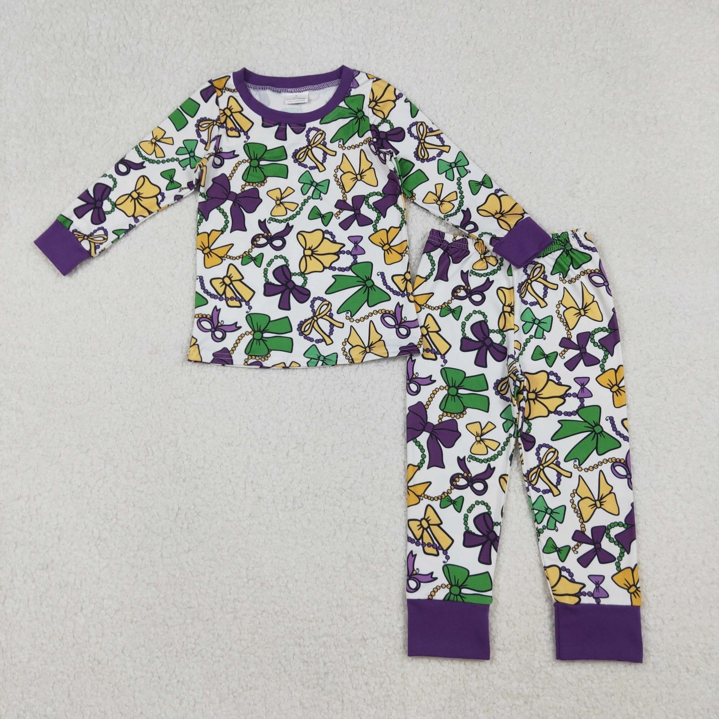 Mardi Gras Green Purple Yellow Bows Pajama Set/ Dress Long Sleeve