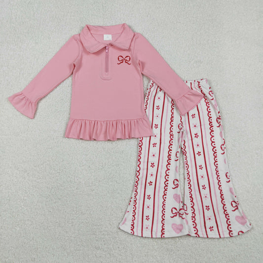 Bow Print Pullover Top With Bell Pants Set For Kids Girls