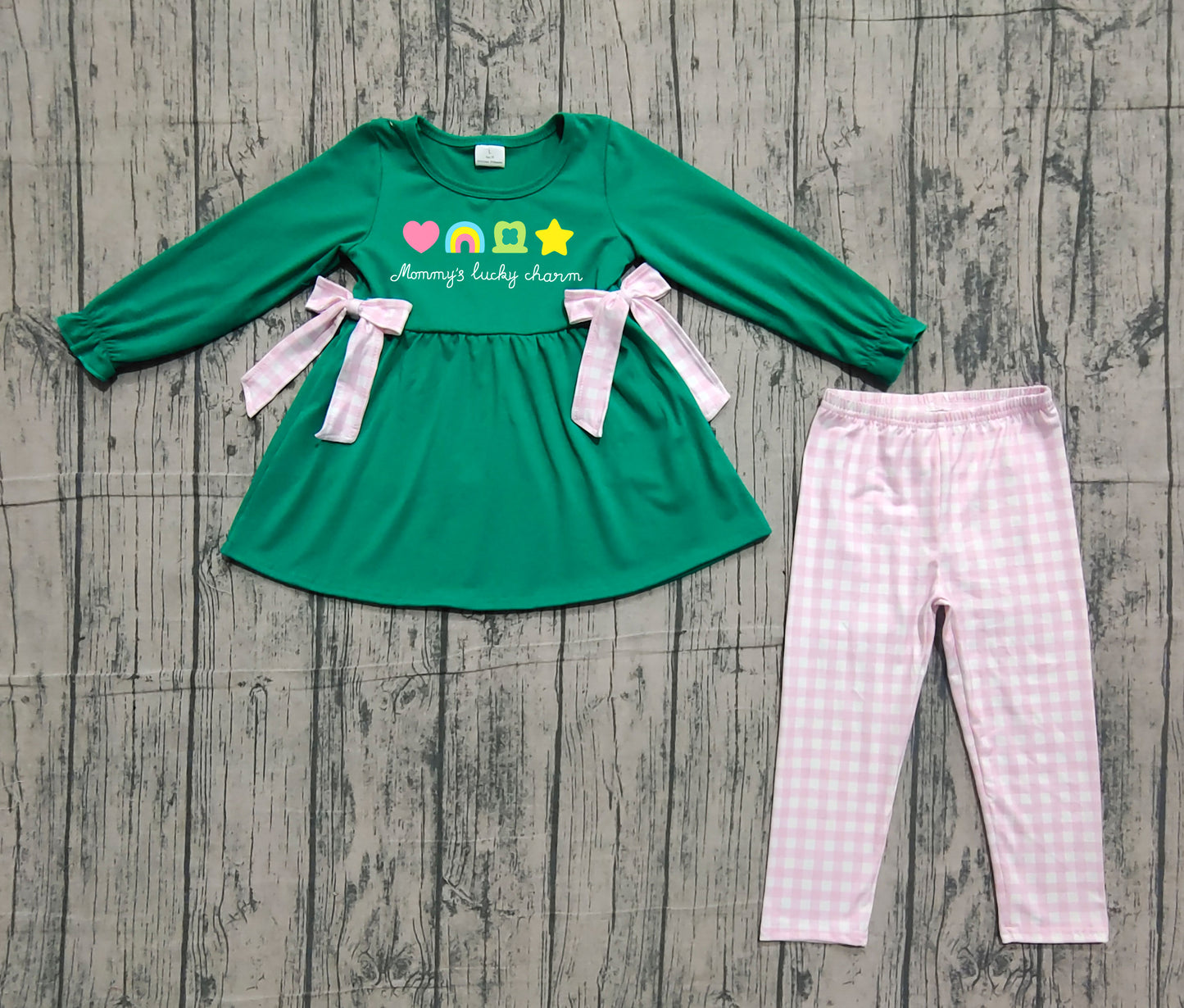 GLP3066 Kids girls Saint Patrick Green Tunic Top With Gingham Leggings Set Preorder
