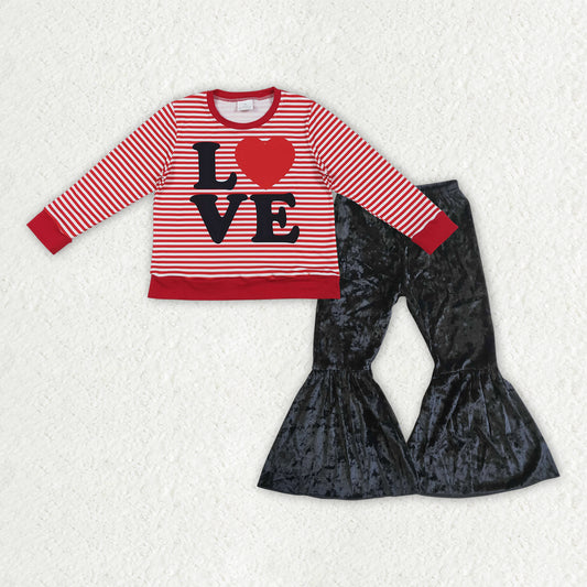 GLP3082 Baby Girls Valentine's Day Love Red Striped Top With Black Velvet Pants Set