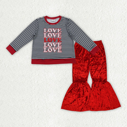 GLP3083 Baby Girls Valentine's Day Love Black Striped Top With Red Velvet Pants Set