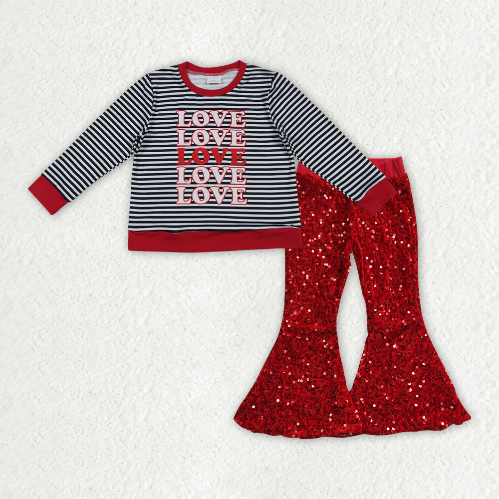 GLP3084 Baby Girls Valentine's Day Love Black Striped Top With Red Sequin Pants Set