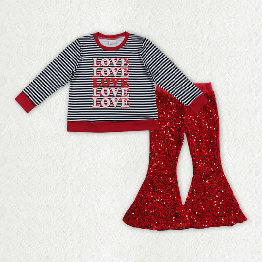 GLP3084 Baby Girls Valentine's Day Love Black Striped Top With Red Sequin Pants Set