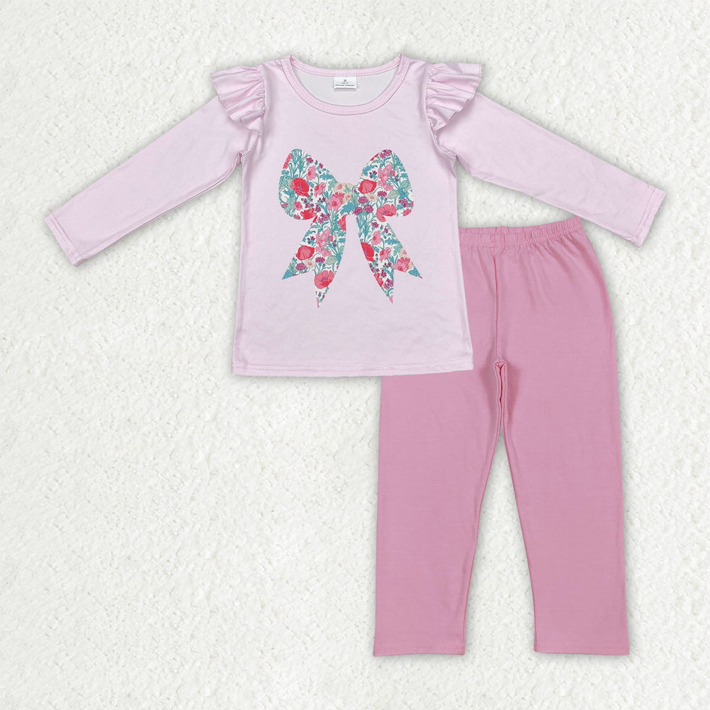 GLP3087 Baby Girls Floral Bow Long Sleeve Top With Pink Leggings Set
