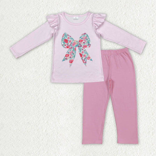 GLP3087 Baby Girls Floral Bow Long Sleeve Top With Pink Leggings Set