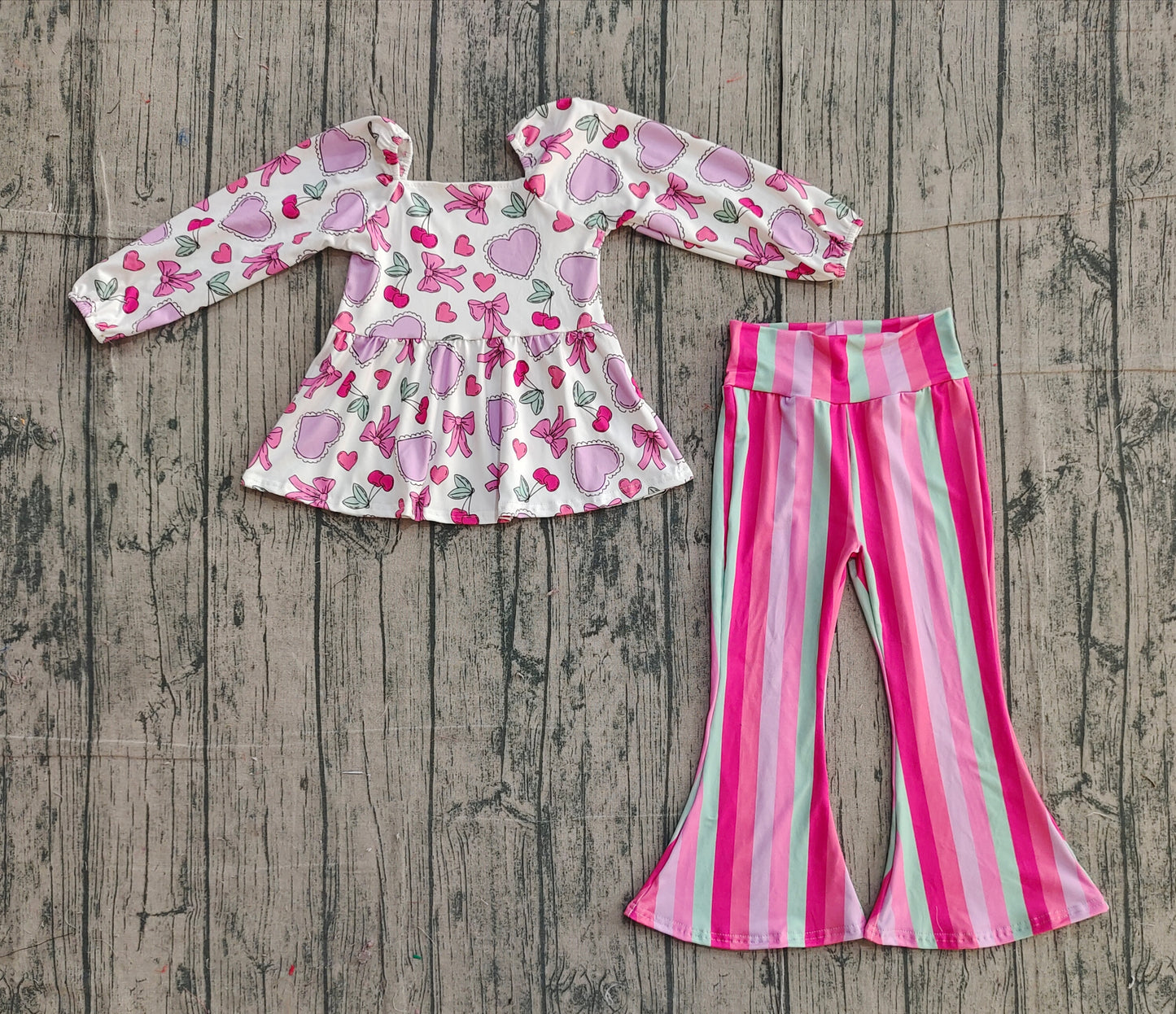 GLP3119 Baby Girls Valentine's Day Heart BowTop With Striped Pants Set