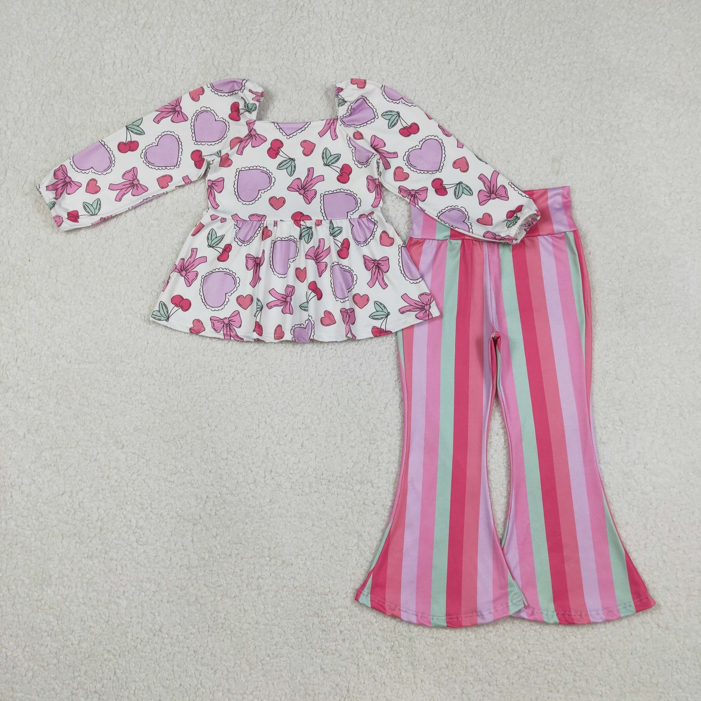 GLP3119 Baby Girls Valentine's Day Heart BowTop With Striped Pants Set